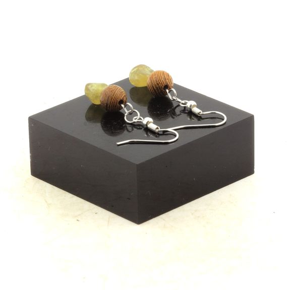 Stainless steel Earrings Yellow apatite from Madagascar + wood 8 mm 2 Beads.