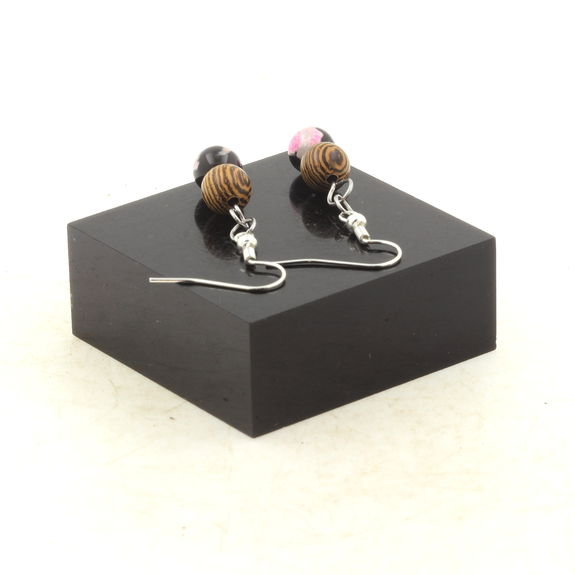Stainless steel Earrings Fuchsia and brown Agate + wood 8 mm 2 Beads.