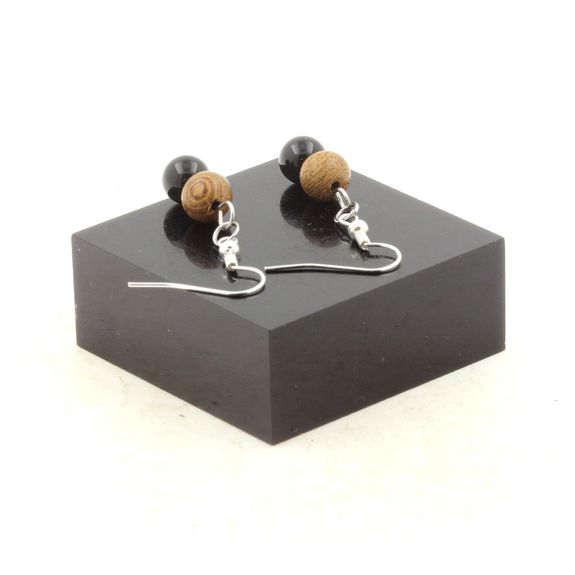 Stainless steel Earrings Black Agate + wood 8 mm 2 Beads.
