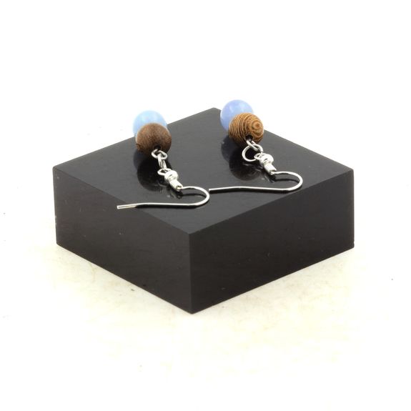 Stainless steel Earrings Blue Chalcedony + wood 8 mm 2 Beads.