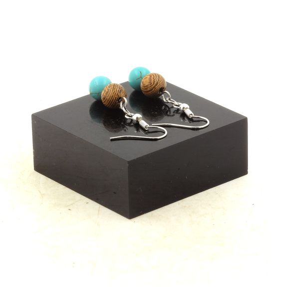 Stainless steel Earrings Howlite Turquoise + wood 8 mm 2 Beads.