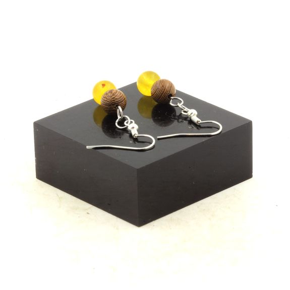 Stainless steel Earrings Yellow Agate + wood 8 mm 2 Beads.