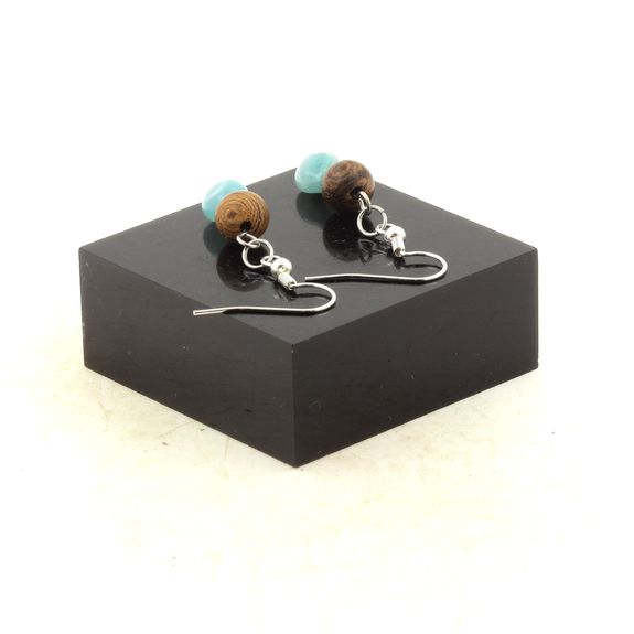 Stainless steel Earrings Amazonite from Brazil + wood 8 mm 2 Beads.
