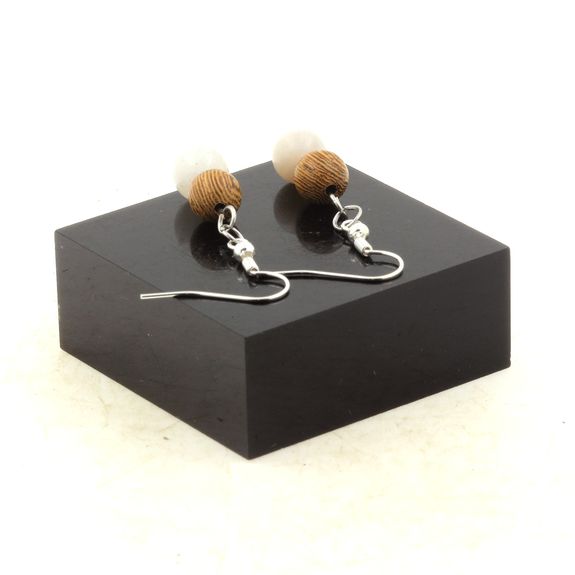 Stainless steel Earrings Bamboo Leaf Agate + wood 8 mm 2 Beads.