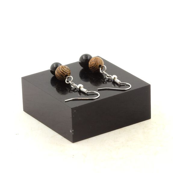 Stainless steel Earrings Black Obsidian + wood 8 mm 2 Beads.