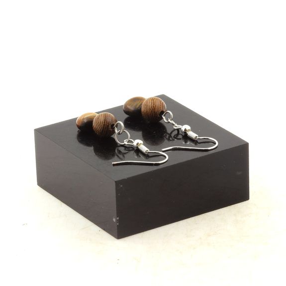 Stainless steel Earrings Tiger's Eye from South Africa + wood 8 mm 2 Beads.