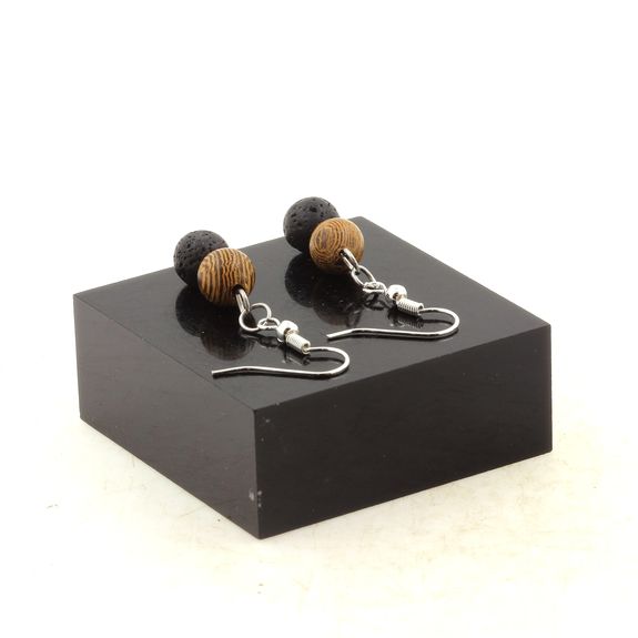 Stainless steel Earrings Lava + wood 8 mm 2 Beads.