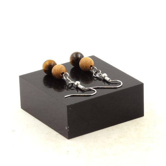 Stainless steel Earrings Tiger's Eye + wood 8 mm 2 Beads.