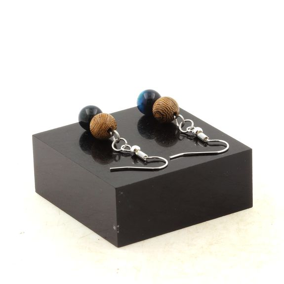 Stainless steel Earrings Light Blue Tiger's Eye + wood 8 mm 2 Beads.