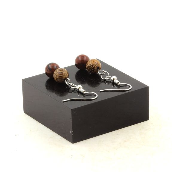 Stainless steel Earrings Mahogany Obsidian + wood 8 mm 2 Beads.