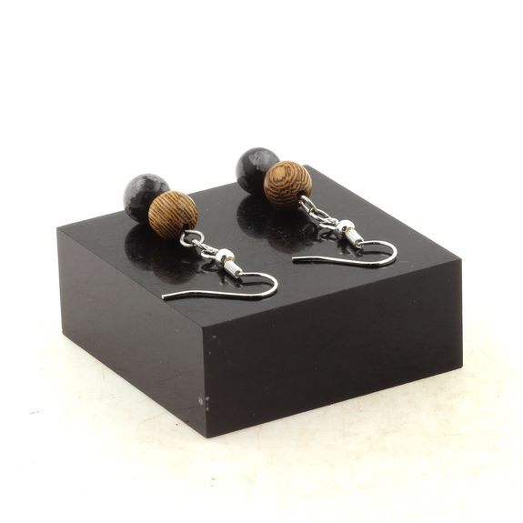 Stainless steel Earrings Snowflake Obsidian + wood 8 mm 2 Beads.