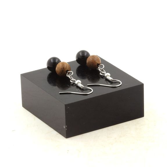 Stainless steel Earrings Golden Obsidian + wood 8 mm 2 Beads.