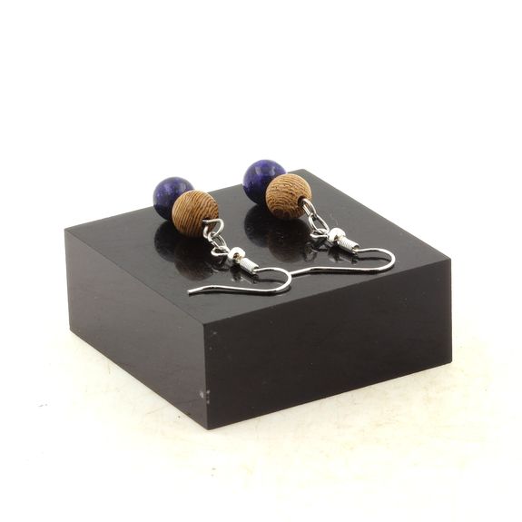 Stainless steel Earrings Lapis Lazuli + wood 8 mm 2 Beads.
