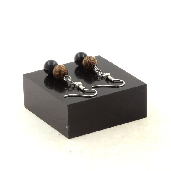 Stainless steel Earrings Hawk's Eye + wood 8 mm 2 Beads.