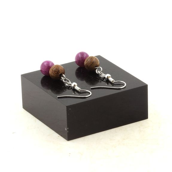 Stainless steel Earrings Lepidolite + wood 8 mm 2 Beads.