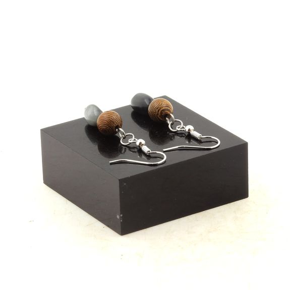 Stainless steel Earrings Hawk's Eye from South Africa + wood 8 mm 2 Beads.