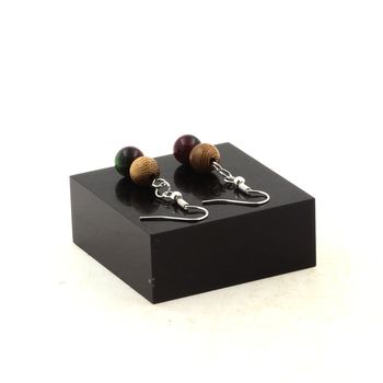 Stainless steel Earrings multicolor Tiger's Eye + wood 8 mm 2 Beads.