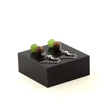 Stainless steel Earrings Peridot + wood 8 mm 2 Beads.