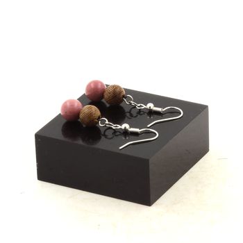 Stainless steel Earrings Rhodonite + wood 8 mm 2 Beads.