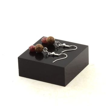 Stainless steel Earrings Ruby from Brazil + wood 8 mm 2 Beads.