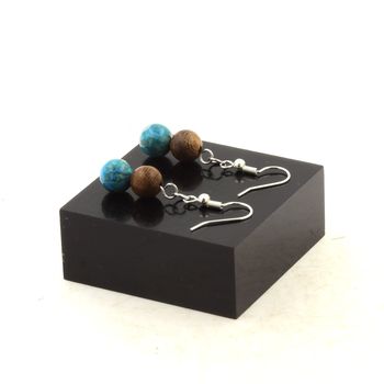 Stainless steel Earrings Turquoise from South Africa + wood 8 mm 2 Beads.