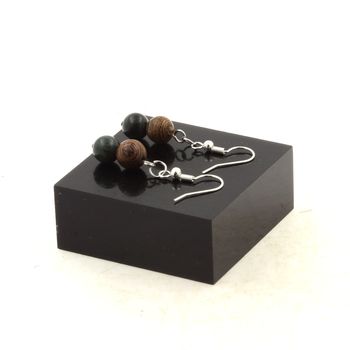 Stainless steel Earrings Seraphinite from Russia + wood 8 mm 2 Beads.
