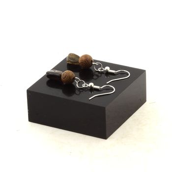 Stainless steel Earrings Multicolored Tourmaline from Brazil + wood 8 mm 2 Beads.