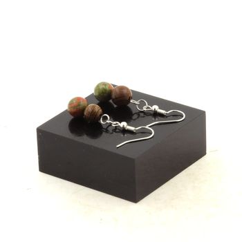 Stainless steel Earrings Unakite + wood 8 mm 2 Beads.