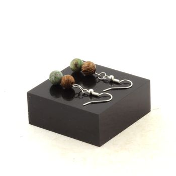 Stainless steel Earrings Turquoise from Peru + wood 8 mm 2 Beads.