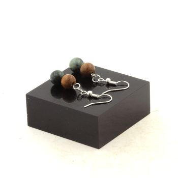 Stainless steel Earrings African Turquoise + wood 8 mm 2 Beads.