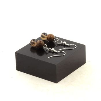 Stainless steel Earrings Smoky Quartz from Brazil + wood 8 mm 2 Beads.