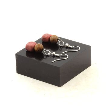 Stainless steel Earrings Rhodochrosite from Brazil + wood 8 mm 2 Beads.
