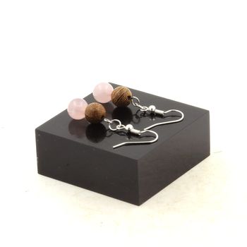 Stainless steel Earrings Rose Quartz + wood 8 mm 2 Beads.