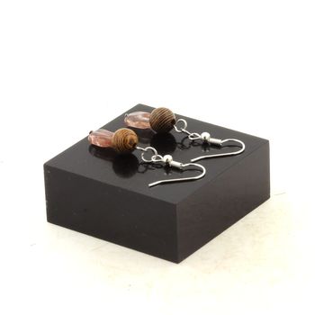 Stainless steel Earrings Red rutile quartz from Brazil + wood 8 mm 2 Beads.