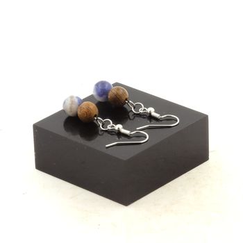 Stainless steel Earrings Sodalite + wood 8 mm 2 Beads.