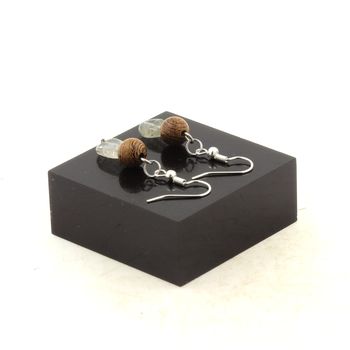 Stainless steel Earrings Rutilated Quartz Tourmaline from Brazil + wood 8 mm 2 Beads.