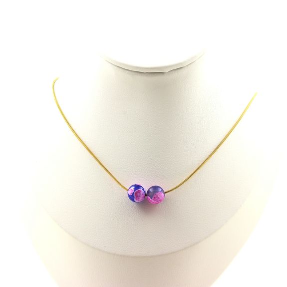 Collier 2 perles Agate veines de Dragon fuchsia et bleu 8 mm