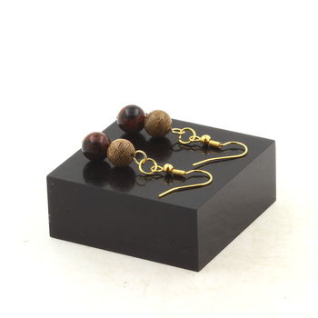 Golden Stainless steel Earrings Mahogany Obsidian + wood 8 mm 2 Beads.