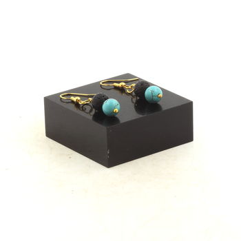 Golden Stainless steel Earrings Howlite Turquoise + Lava 8 mm 2 Beads.