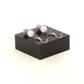Stainless steel Earrings Selenite from Morocco + Matte purple Mica 8 mm 2 Beads.