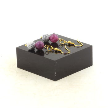 Golden Stainless steel Earrings Howlite + Lepidolite 8 mm 2 Beads.