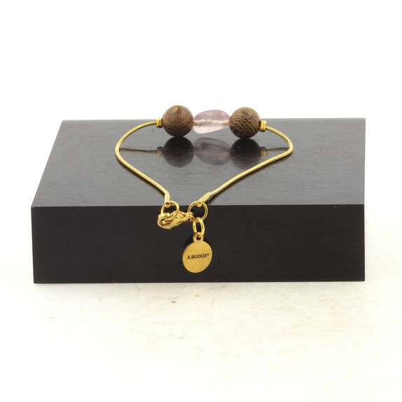 Golden stainless steel bracelet 1 Rose Quartz from Brazil Freeform 5mm-8mm + wood Bead.