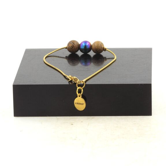 golden stainless steel bracelet 1 Multicolored Hematite + wood 8 mm Bead.