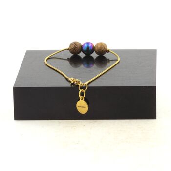 golden stainless steel bracelet 1 Multicolored Hematite + wood 8 mm Bead.