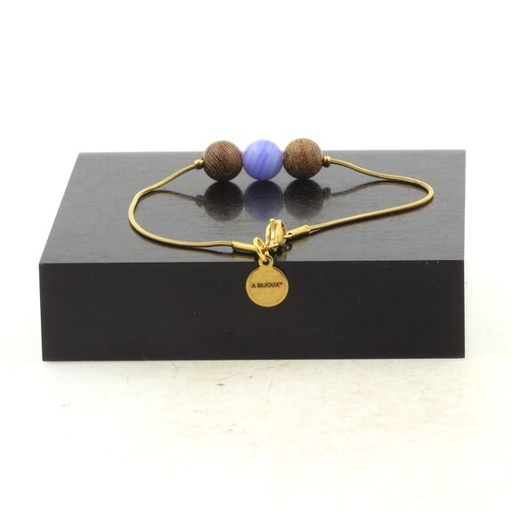 Golden stainless steel bracelet 1 Blue Crazy Lace Agate + wood 8 mm Bead.