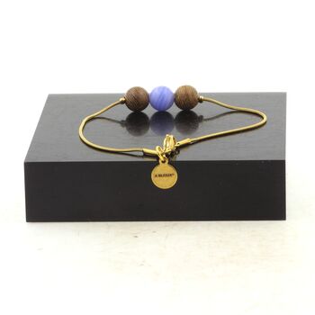 Golden stainless steel bracelet 1 Blue Crazy Lace Agate + wood 8 mm Bead.