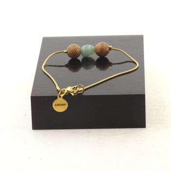 Golden stainless steel bracelet 1 Amazonite from Brazil Freeform 5mm-8mm + wood Bead.