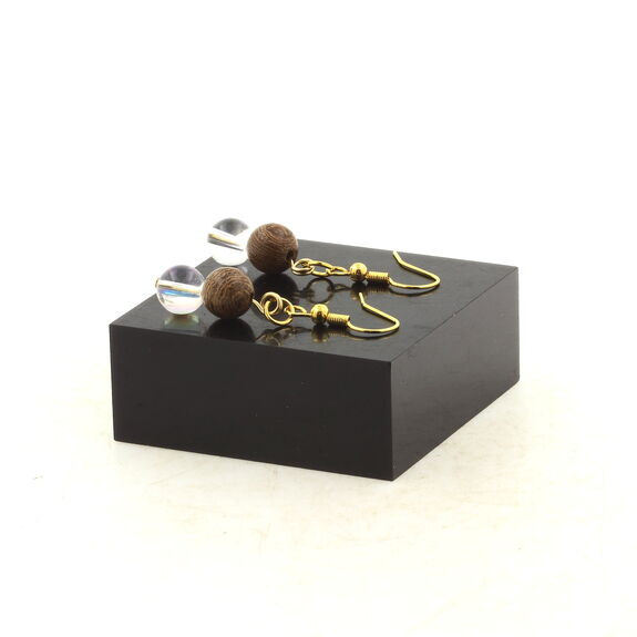 Boucles D'oreilles 2 Perles Quartz Titane + bois 8 mm en acier doré inoxydable.