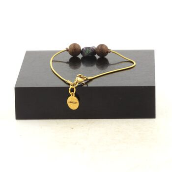Golden stainless steel bracelet 1 Epidote from Myanmar (Burma) Freeform 5 mm-8 mm + wood Bead.