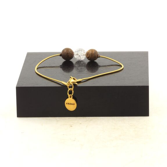 Bracelet en acier doré inoxydable 1 Perle Quartz craquelé du Brésil + bois 8 mm.